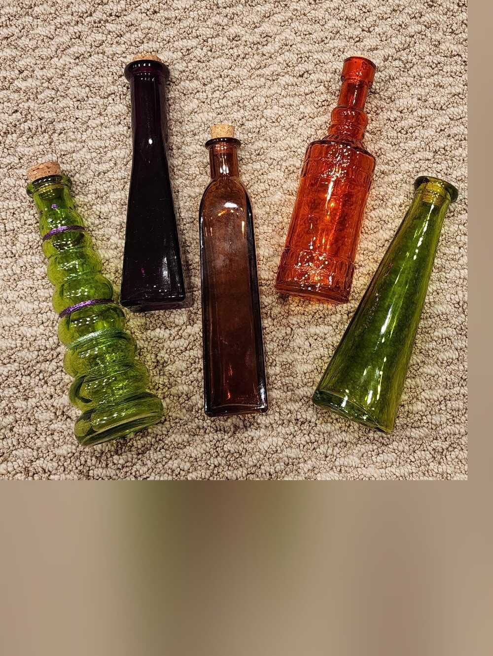 Glass Bottles lot of 5 Colored Assortment in Green, Orange, Amber/Brown, Purple